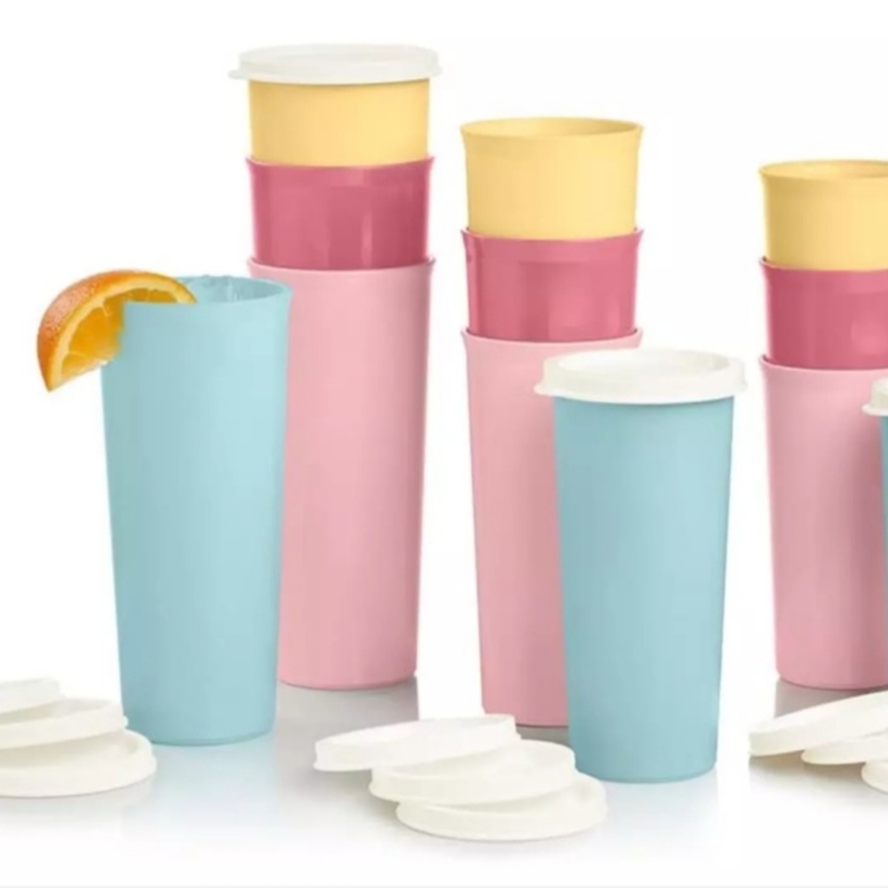 Tupperware Straight Sided Stacking Pastel Tumblers with Liquidtight Seals- NEW